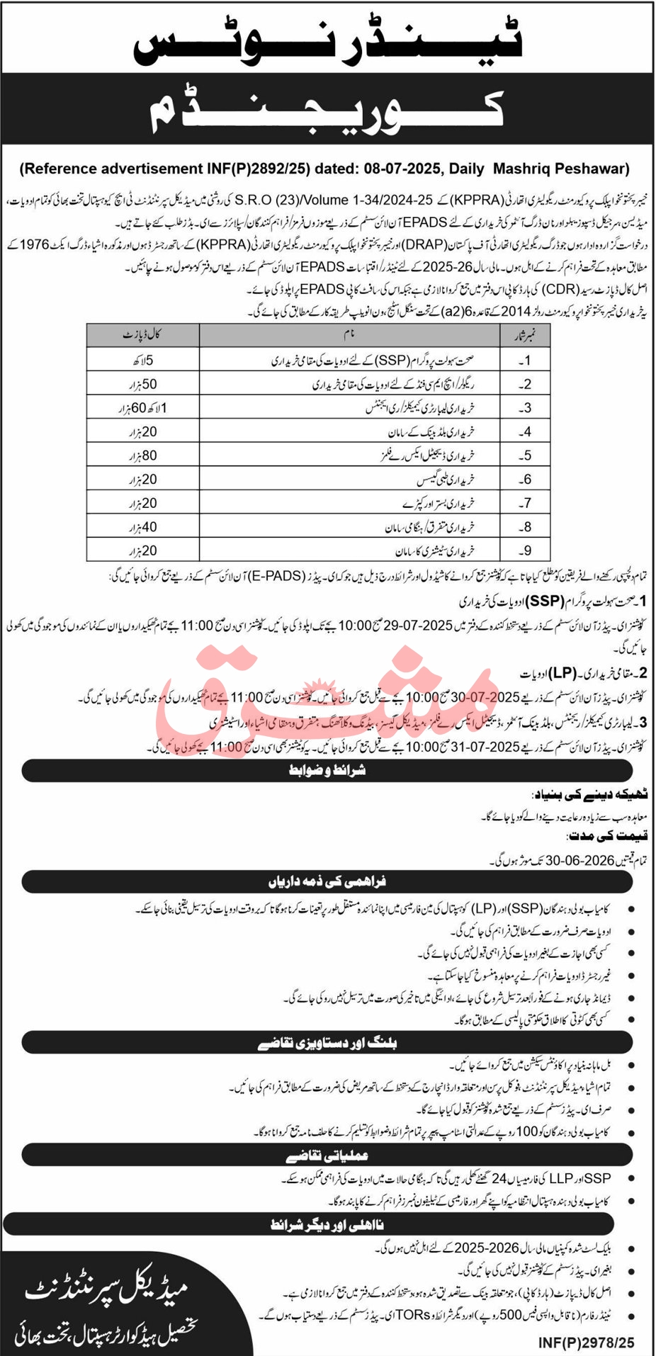 Khyber Pakhtunkhwa (KPPRA) Peshawar Tender Notice